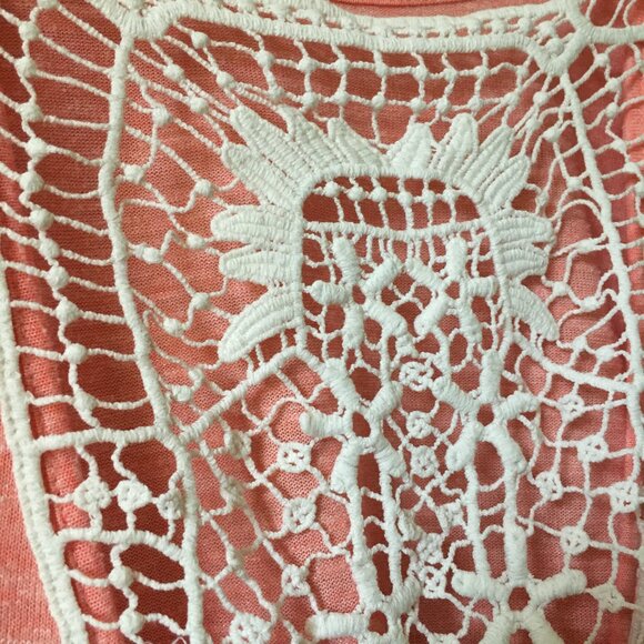 Pastelcore Coral Heathered Back Crochet Lace Long Sleeve A-Line Top - Picture 5 of 10